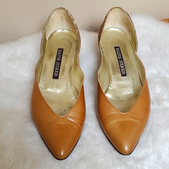Walter Steiger Size 7.5 Tan,Snakeskin, Leather,Pointed Toe, Low Block He… - Picture 2 of 8